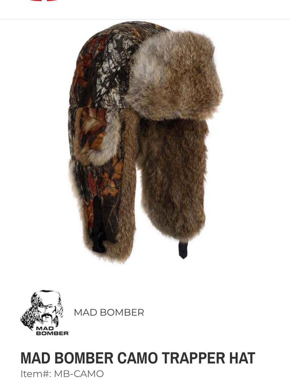 Mad Bomber Trapper Hat - Brown Camo with Natural Rabbit Fur Lining.
